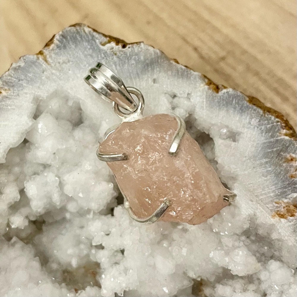 Pink Rose Quartz Sterling Silver Overlay Pendant 925